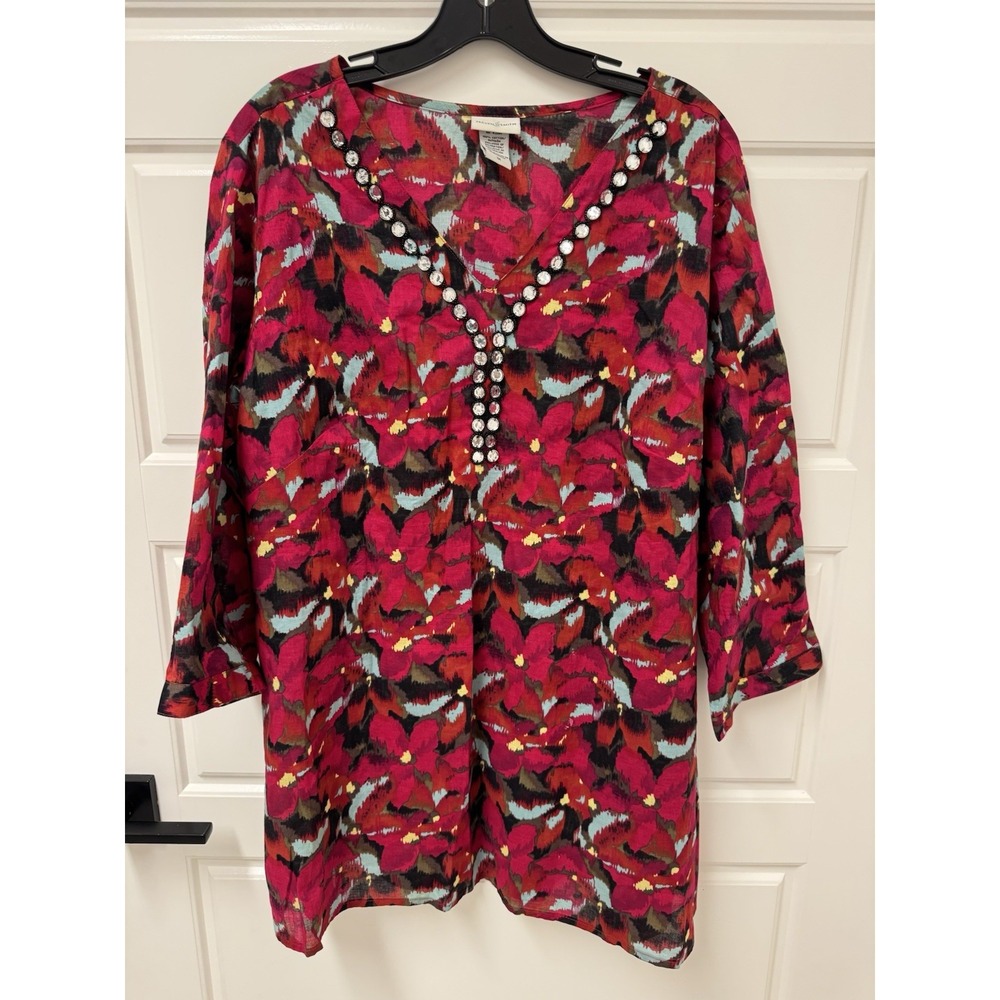 Jaclyn Smith Women 1X Tunic Blouse Beaded V-Neck Colorful Cotton Red Floral Top